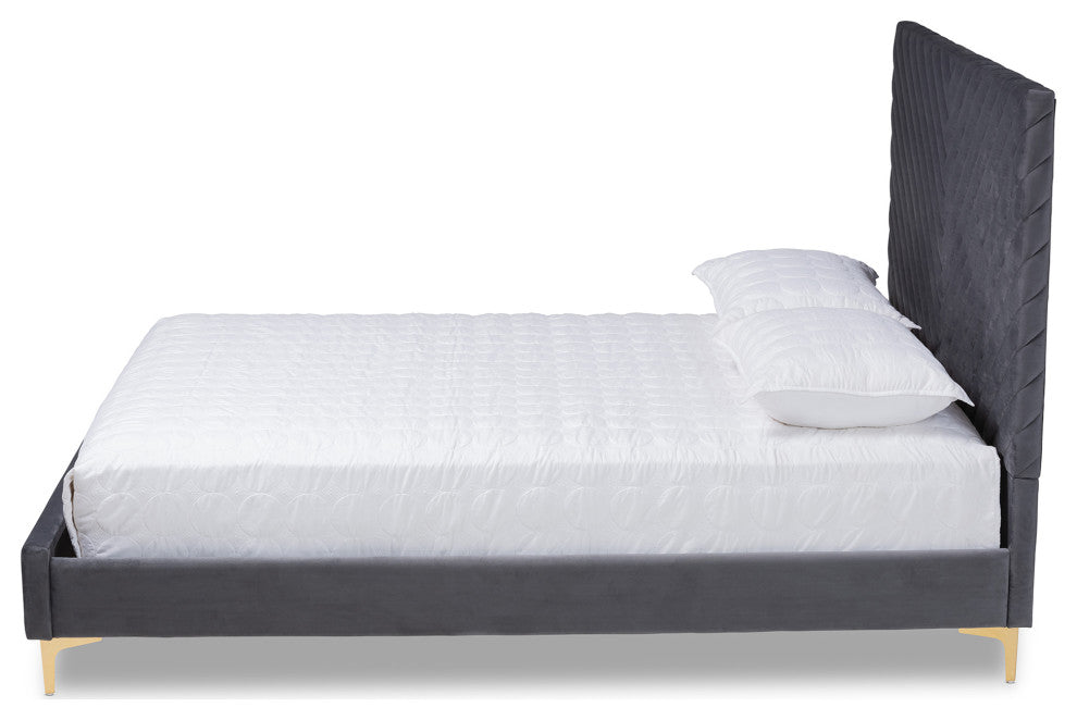 Sofi Glam and Luxe Velvet Upholstered Platform Bed, Gray/Gold, Queen