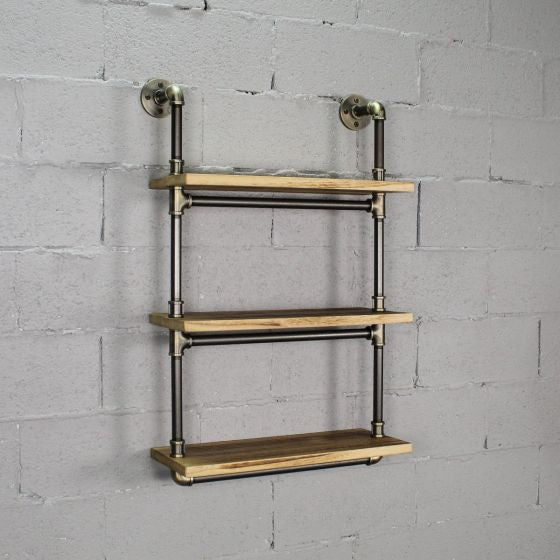 Juneau 30" 3-Tier Wall Mounted Bookcase, Brushed Brass Gray Steel/Natural Wood