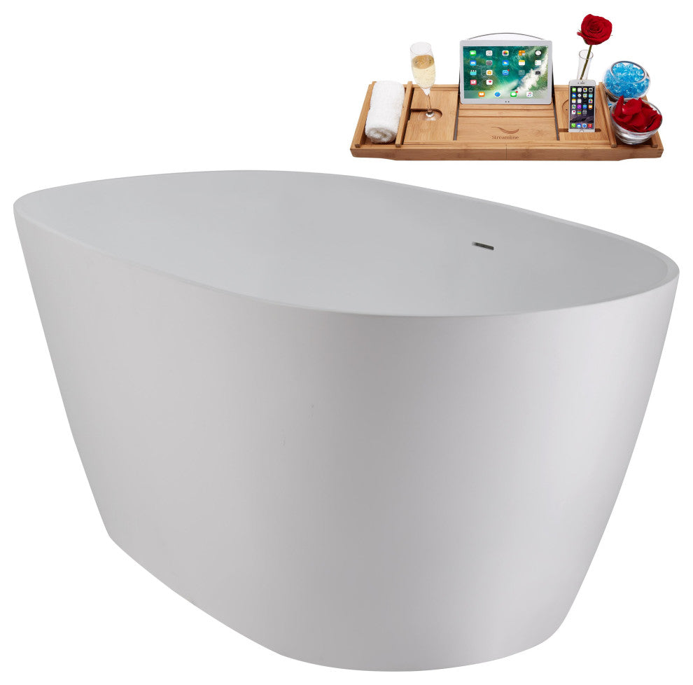 59" Streamline NS5820CH Matte White Stone Resin Bathtub, Tray With Chrome Drain