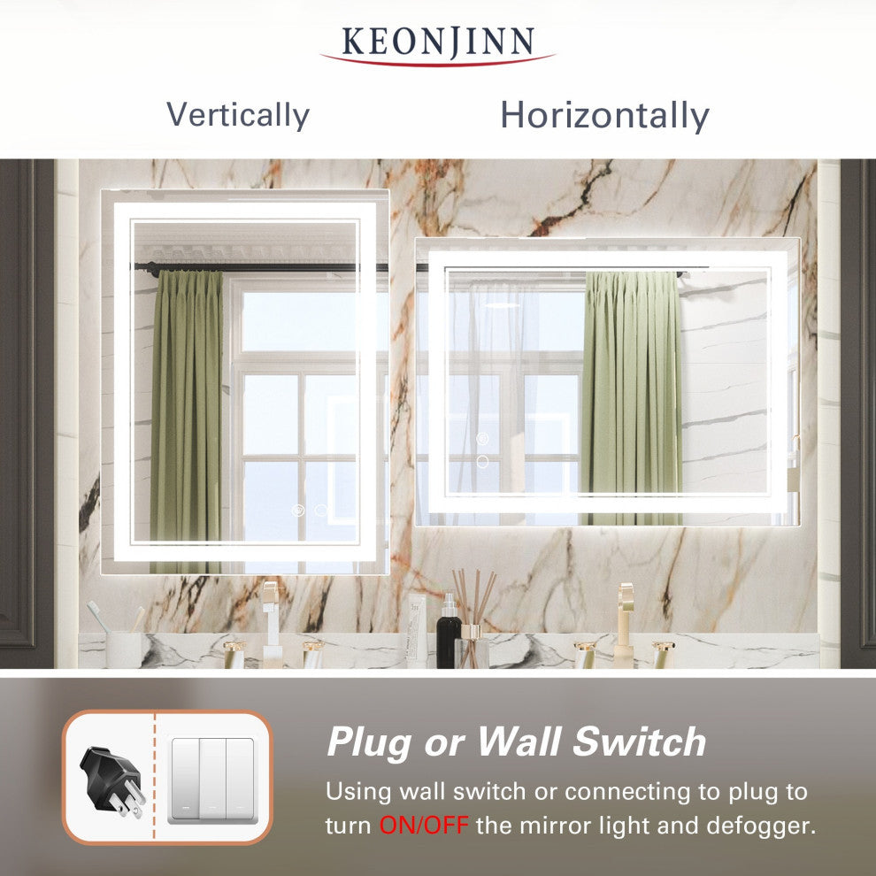 3-Colors LED Bathroom Mirror, Anti-Fog Memory Dimmable, Sliver, 24"x32"