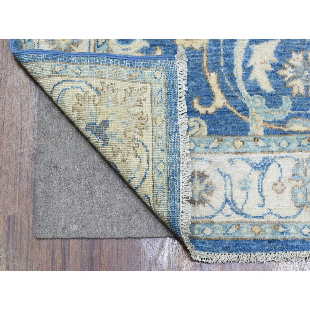 Sapphire Blue Fine Peshawar Soft Wool Hand Knotted Wide Runner Rug, 3'9"x13'3"