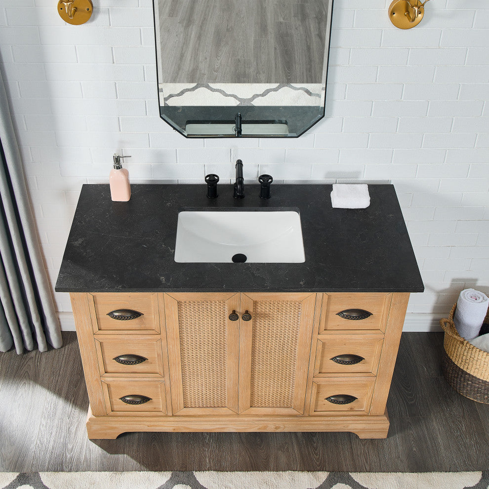 Hervas Bath Vanity, Fir Wood Brown, 48in., Celestite Marble Top, No Mirror
