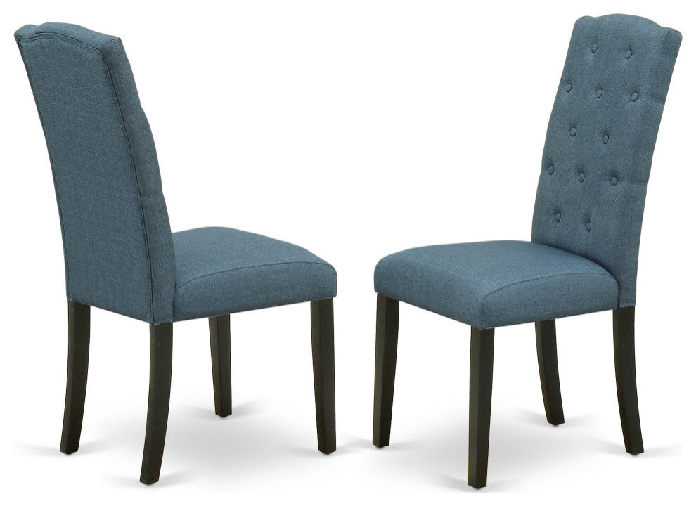 5Pc Dining Set, Round Room Table, Four Parson Chairs, Blue Fabric, Black Finish