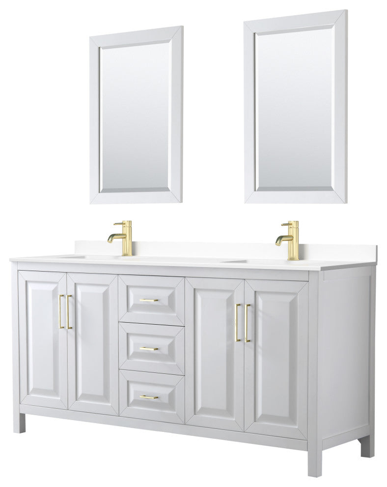 72"DBL Vanity White, White Cult. Marble Countertop, Sinks, 24"Mirrors, Gold Trim