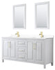 72"DBL Vanity White, White Cult. Marble Countertop, Sinks, 24"Mirrors, Gold Trim
