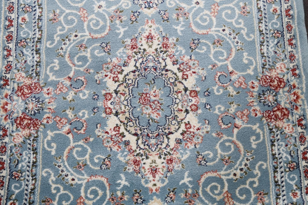 Light Blue Floral Medallion Transitional Turkish Rug Oriental Carpet 3x10