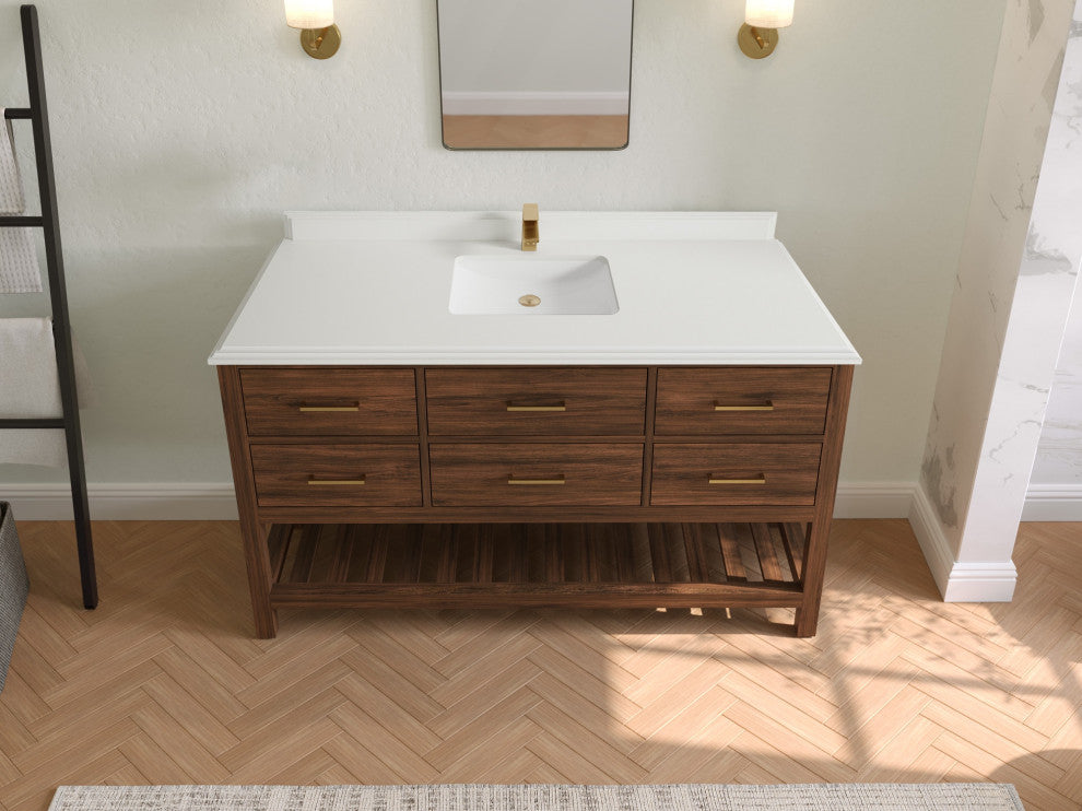 Parker Teak 60" Single Sink Bath Vanity in Dark Walnut 1.5" White Quartz
