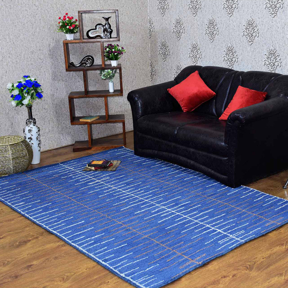 Hand Knotted Wool Area Rug Abstract Blue Beige