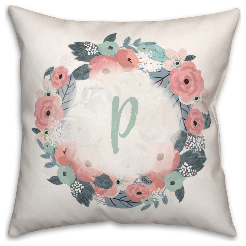 P Monogram Wreath 18x18 Spun Poly Pillow