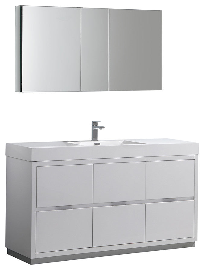 Valencia Free Standing Bathroom Vanity, Medicine Cabinet Glossy White 60"