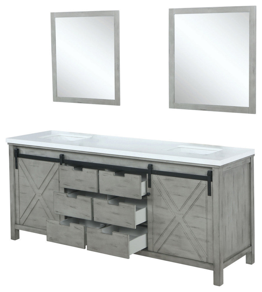 Marsyas 84" Ash Gray Double Vanity Cabinet Quartz Top Sinks, 34" Wall Mirrors