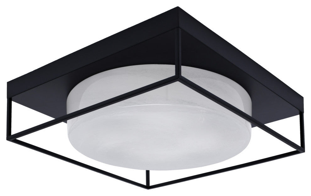 18" 4-Light Flush Mount Light, Matte Black, White Marble Glass