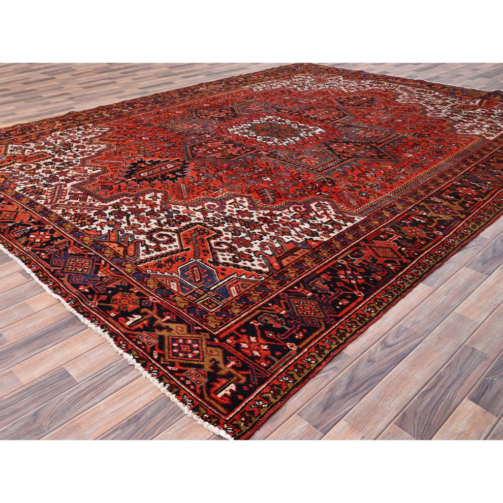 Fire Brick Red Pure Wool Hand Knotted Semi Antique Persian Heriz Rug 10'x13'2"