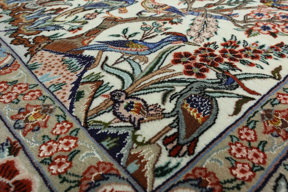Signed Authentic Persian Isfahan Wool and Silk Rug, 4'x7'