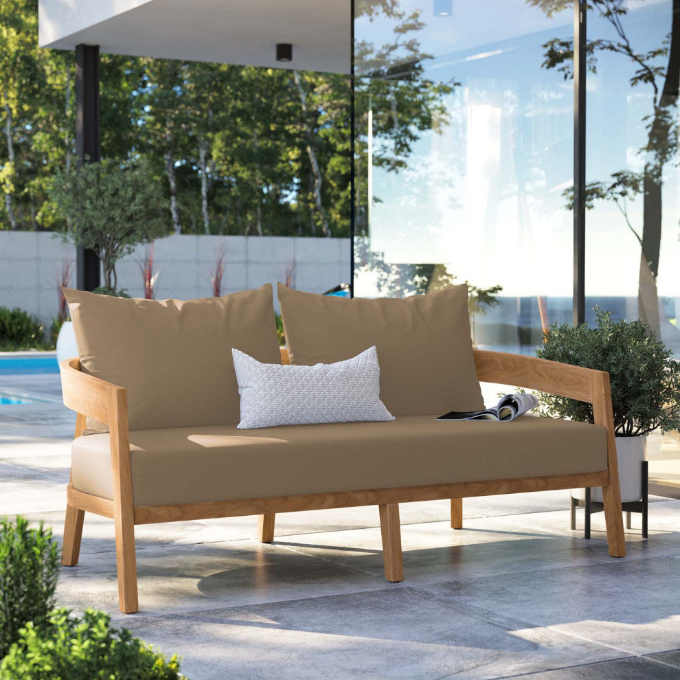 Lounge Loveseat Sofa, Brown Natural, Teak Wood, Modern, Outdoor Hospitality