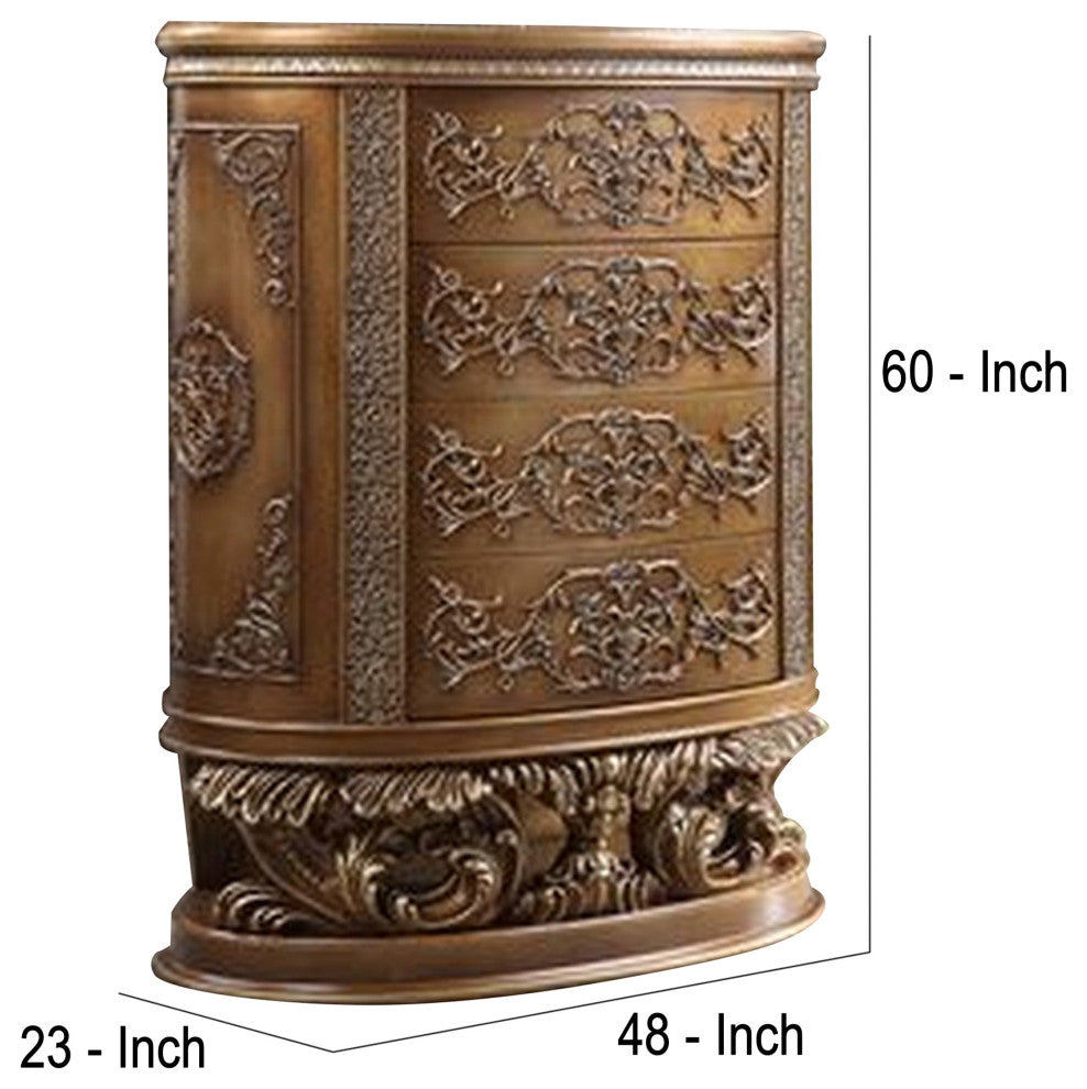 Benzara BM269594 Chest With 4 Storage Drawers/Ornate Engravings, Antique Gold