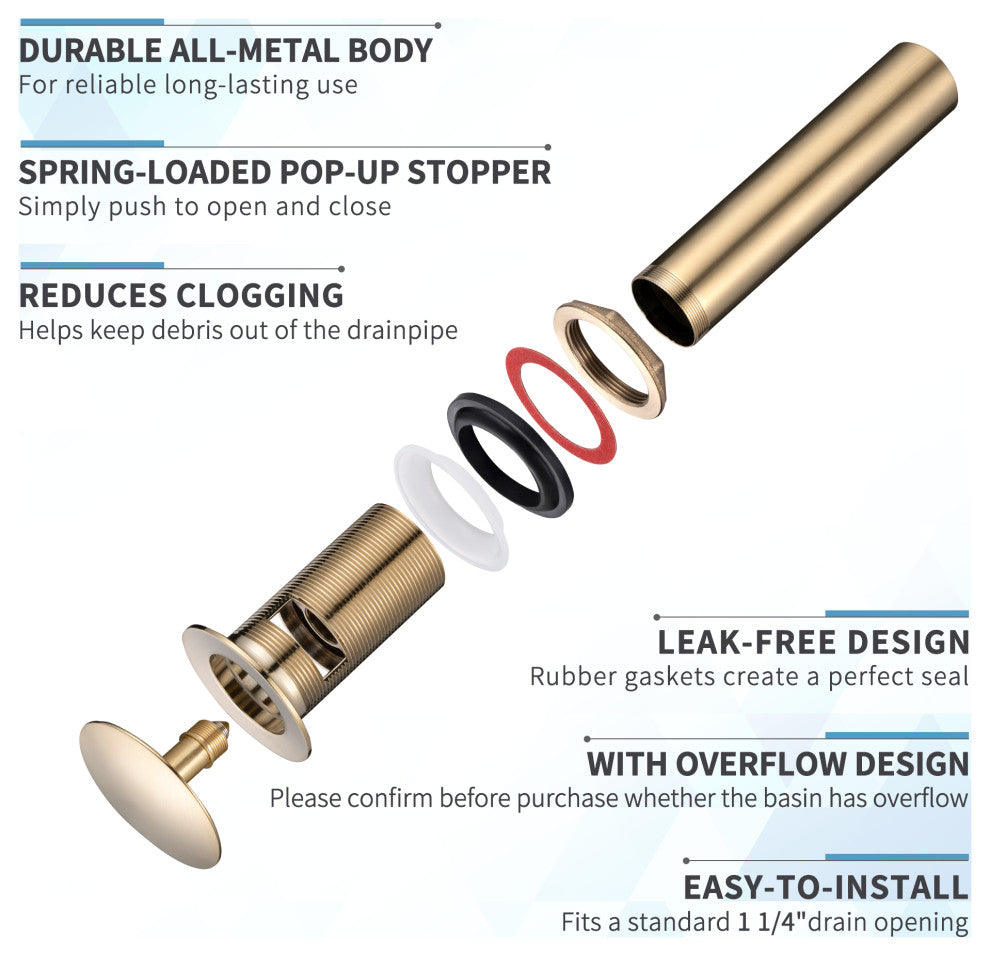 HEATGENE Bathroom Sink Drain, Pop Up Drain, Brushed Gold, With Overflow