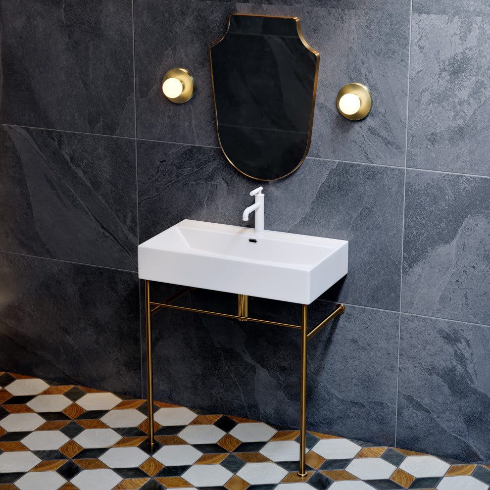 Claire 30" Ceramic Console Sink White Basin Gold Legs, Brushed Gold