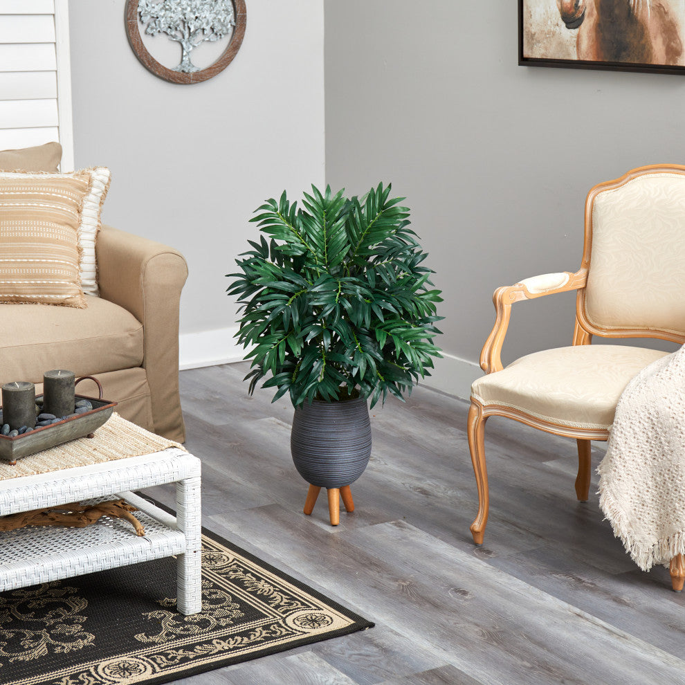 3' Bamboo Palm Artificial Plant, Gray Planter With Stand