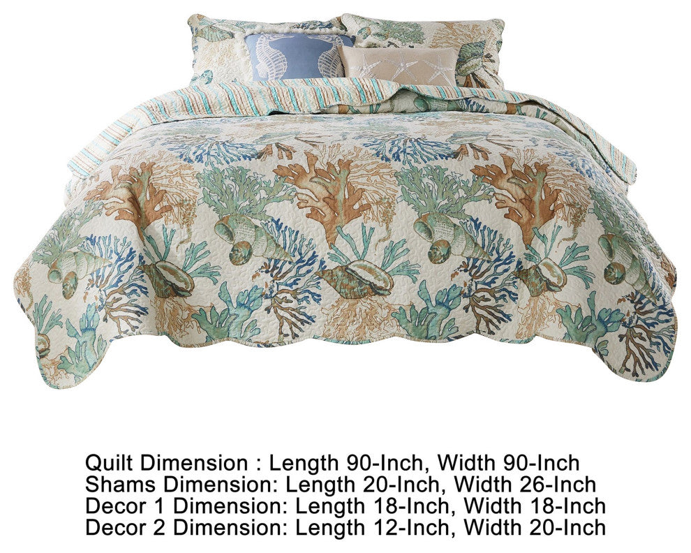Benzara BM281992 Full Quilt Set, Ocean Design, Scalloped Edges, Floral Pattern