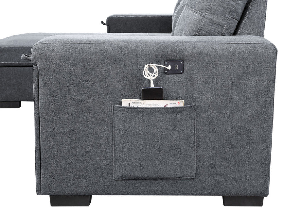 Toby Woven Fabric Reversible Sleeper Sectional With Storage, Cupholder, Gray