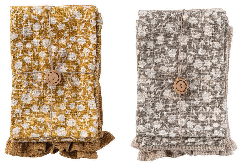 Cotton Tea Towel, Beautiful Flower Prints, Yellow, Grey, Set of 2