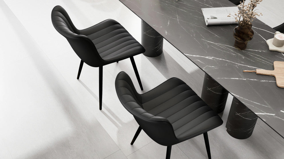 Younike Dining Chair Set of 2, Liner Pattern Faux Leather, Black
