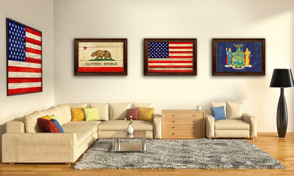 American Vintage Flag Print With Brown Gold Frame, 23"X33"