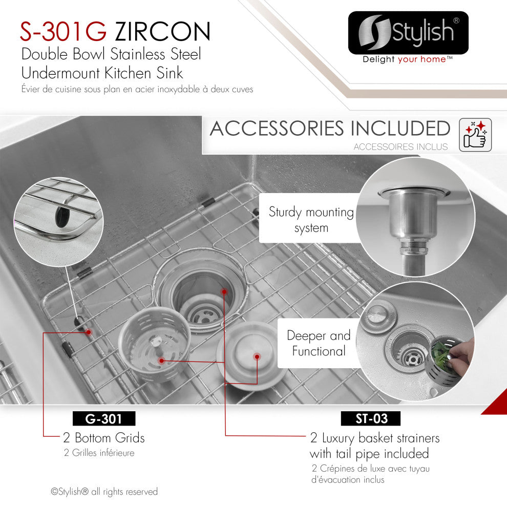 STYLISH 32"L x 18"W Stainless Steel Double Basin Undermount Kitchen Sink