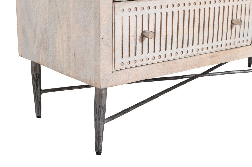 Sarah 6 Drawer Chest, Mango Solid Wood Brushed Ivory Finish on Iron Base