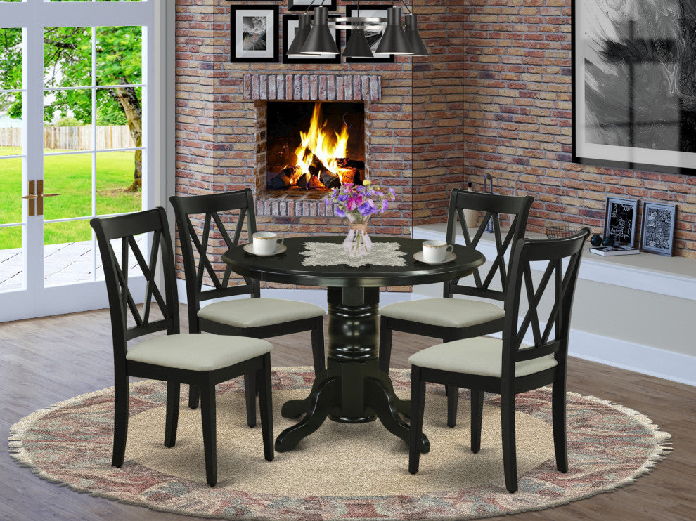 5Pc Dining Set, Round Table, Four Kitchen Chairs, Black Finish