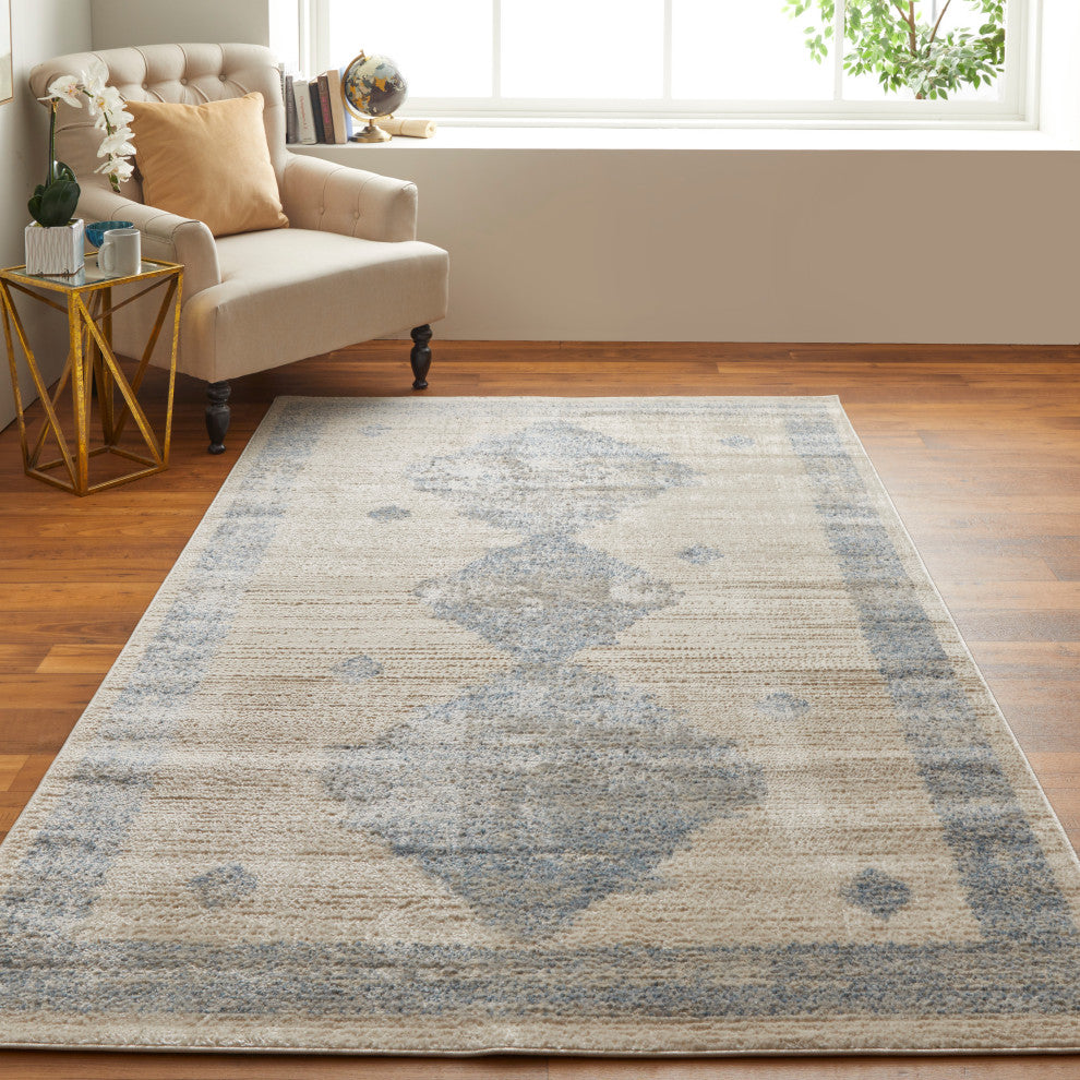 Weave & Wander Melba Nomadic Geometric Area Rug, Blue/Ivory, 4'3"x6'3"
