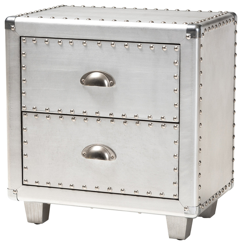 Natalie French Industrial Silver Metal 2-Drawer Nightstand