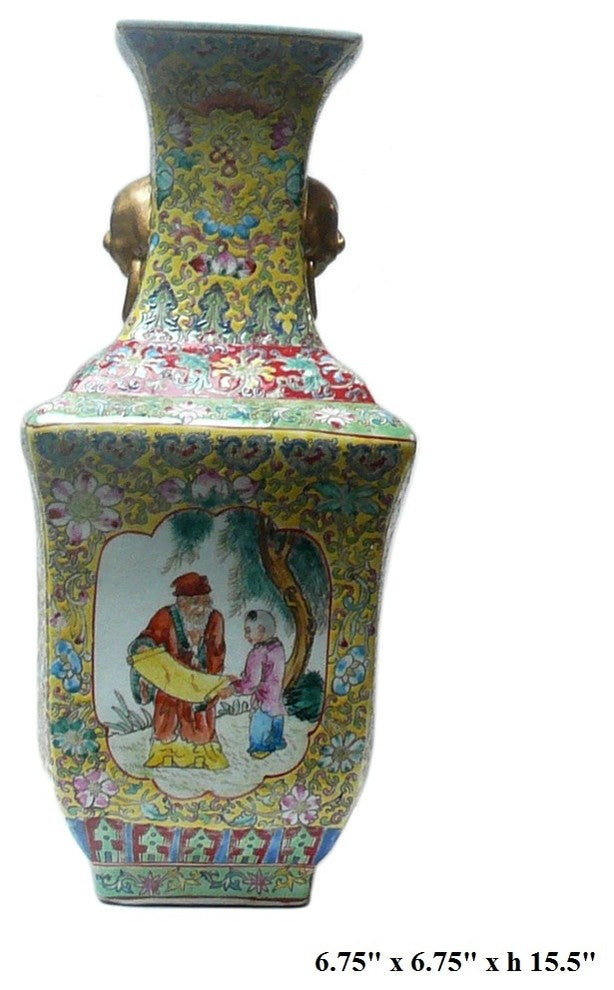 Chinese Yellow Base Canton Famille Porcelain Vase