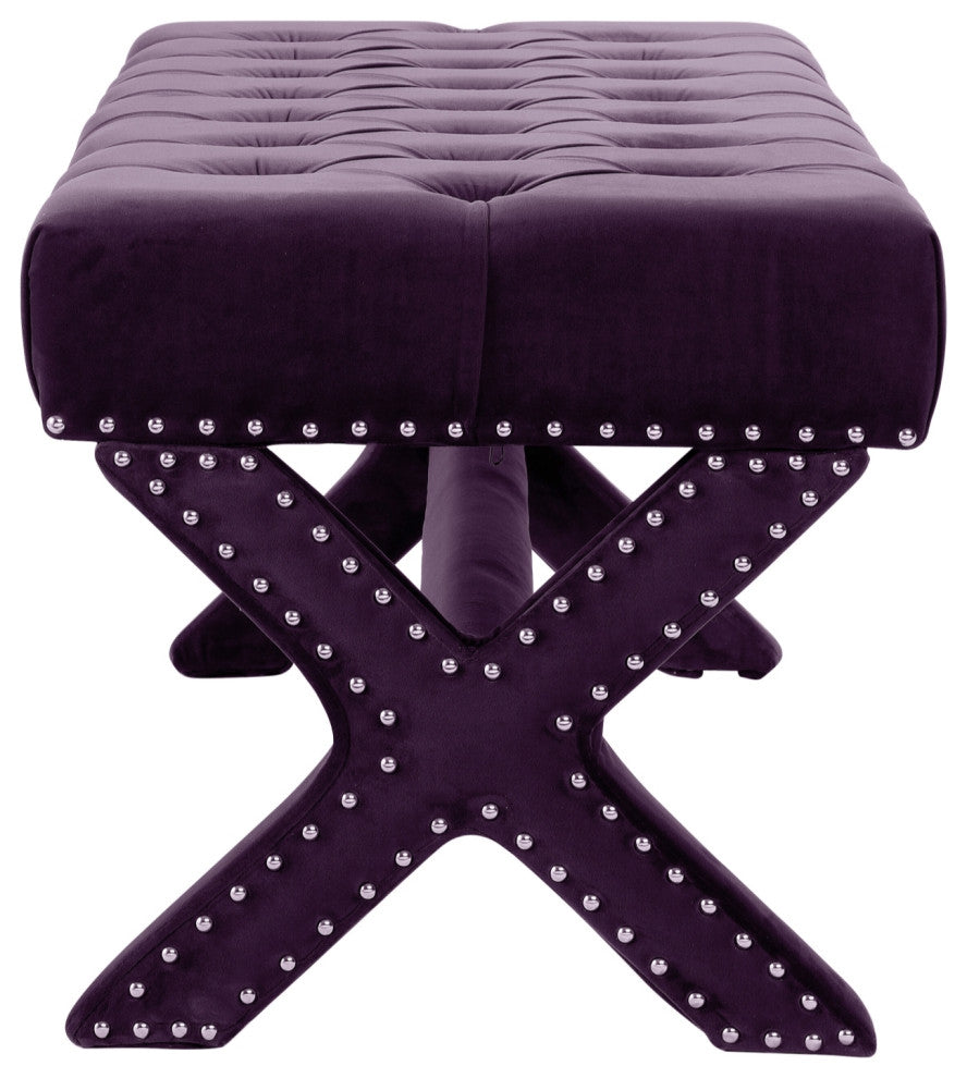 Diana Velvet Button Tufted Silver Nailhead Trim X-Leg Bench, Plum
