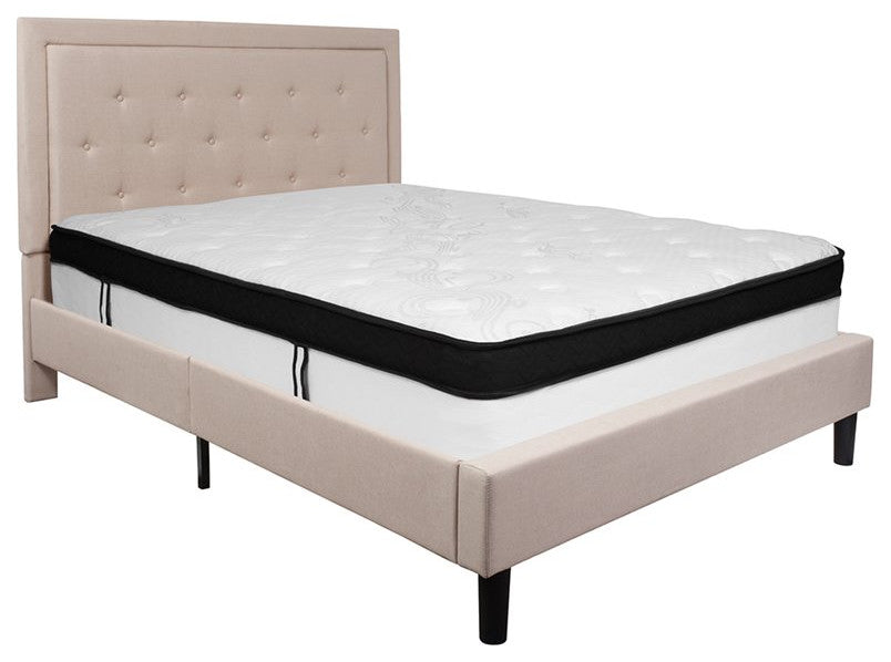 Roxbury Tufted Upholstered Platform Bed and Memory Foam Pocket Spring Mattress,