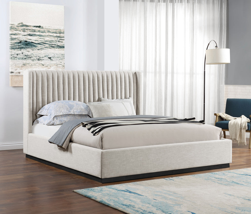 Logan Beige Linen Textured Fabric Twin Bed, Beige, King