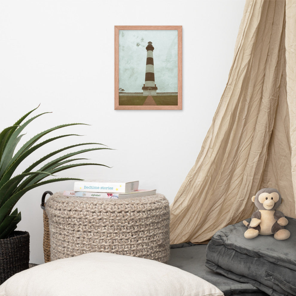 Aged Bodie Lighthouse Landscape Framed Photo Paper Wall Art Prints, Red Oak, 11" X 14"