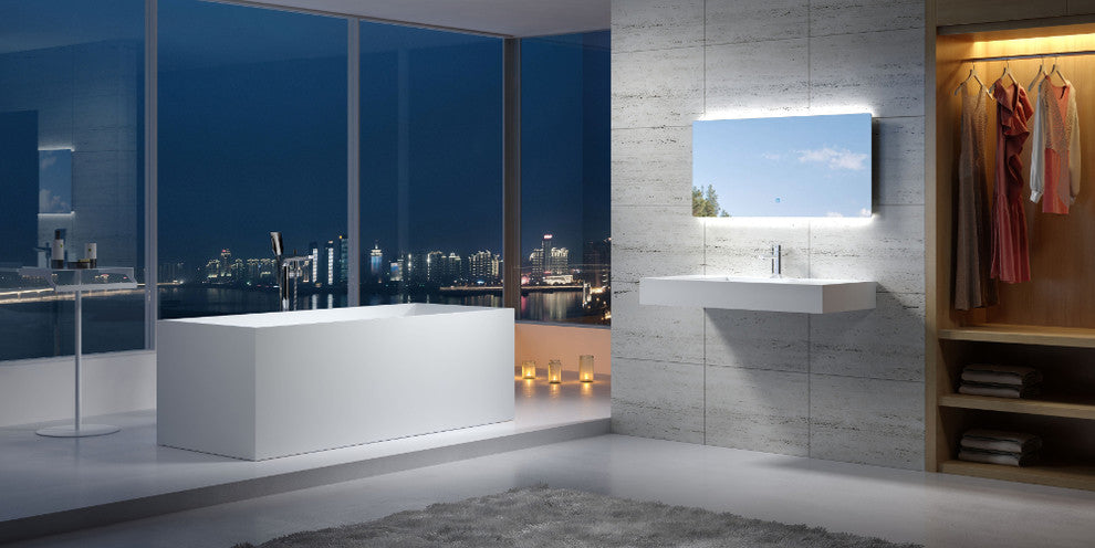 66" Polystone Rectangular Free-Standing Bathtub, Matte White, No Faucet