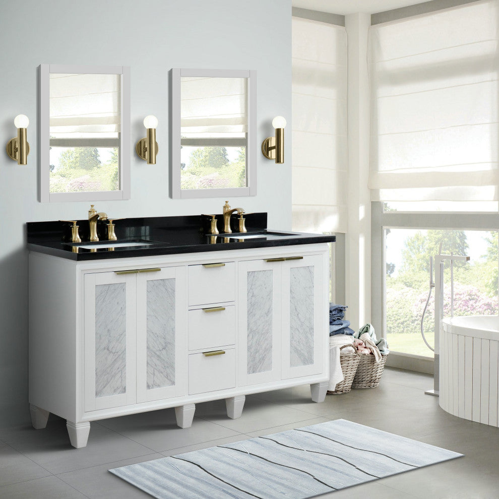 61" Double Sink Vanity, White Finish With Black Galaxy Granite