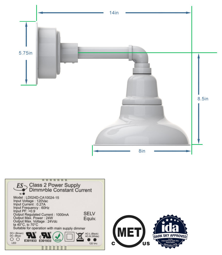 8in.  White Gooseneck Barn Light with Cosmopolitan Arm