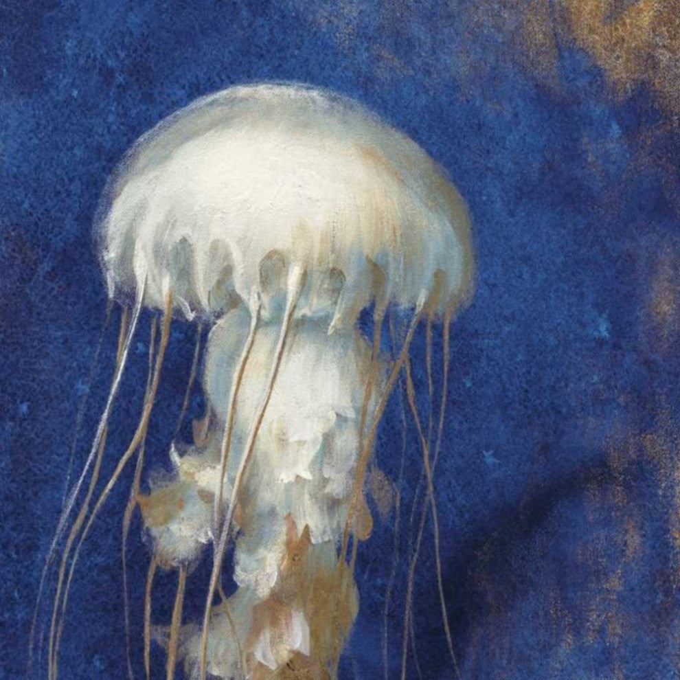 30"  Rustic Deep Blue and Gold Jelly Fish Giclee Wrap Canvas Wall Art