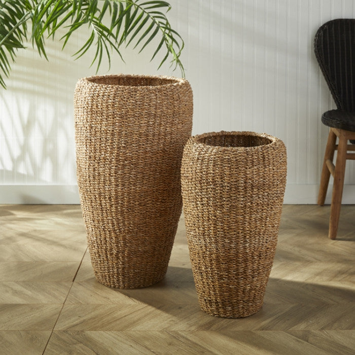 Elegant Tall Tapered Round Planters Set of 2 Woven Seagrass Baskets Minimalist