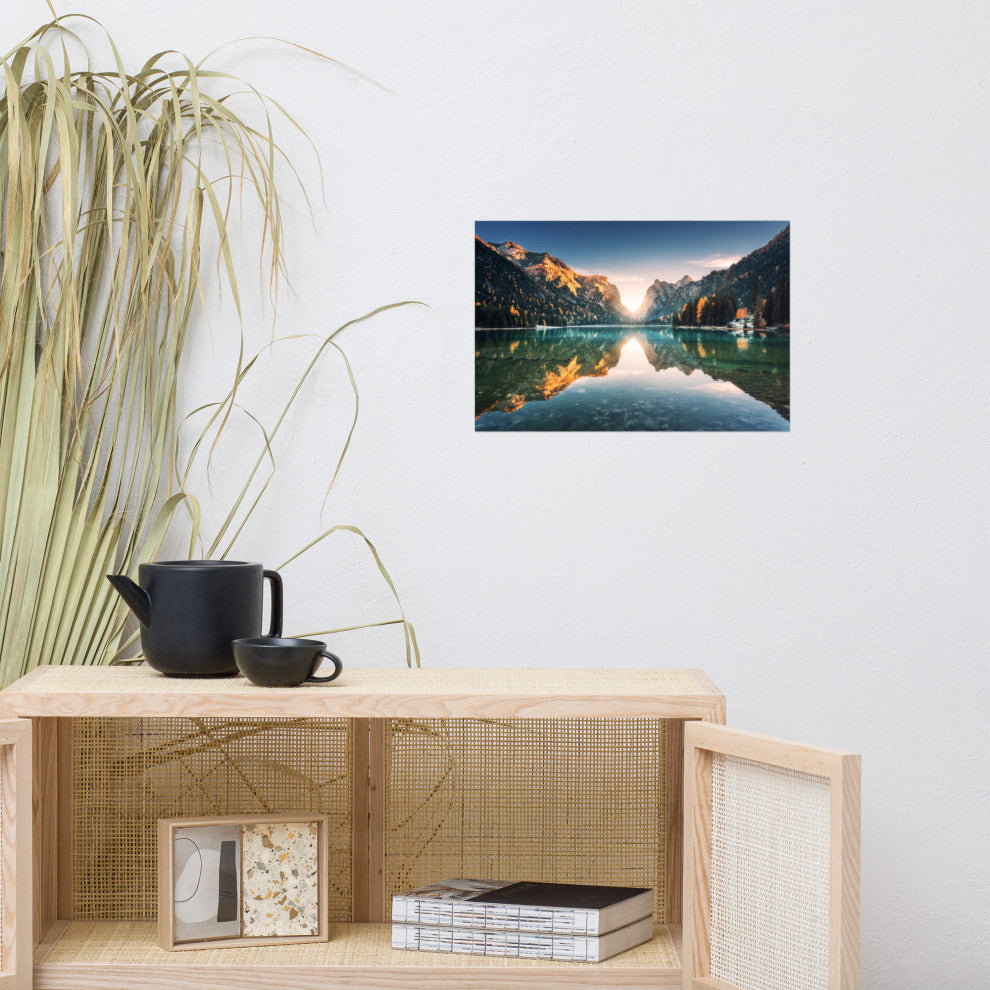 Sunrise Misty Mountain Lake Lively Color Landscape Photo Loose Wall Art Print, 12" X 18"