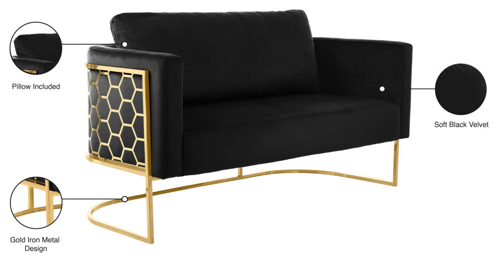 Casa Velvet Upholstered Loveseat, Black, Gold Finish