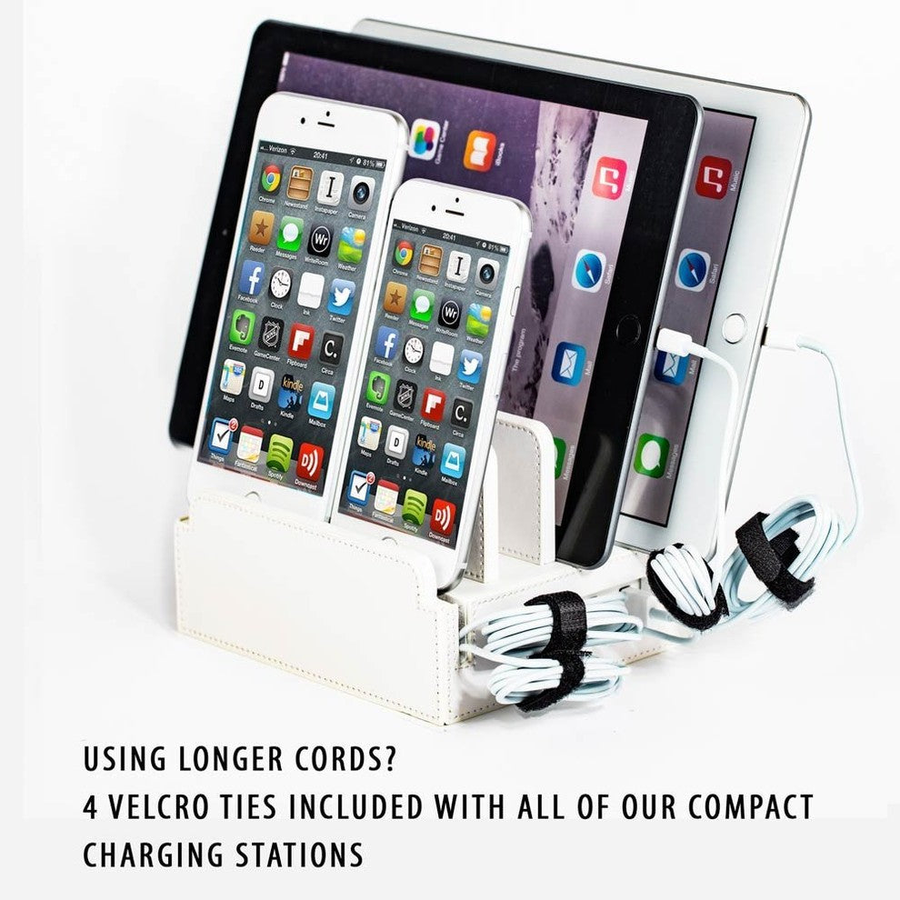 Compact Charging Station With Integrated 4-Port USB, White Leatherette, With Set