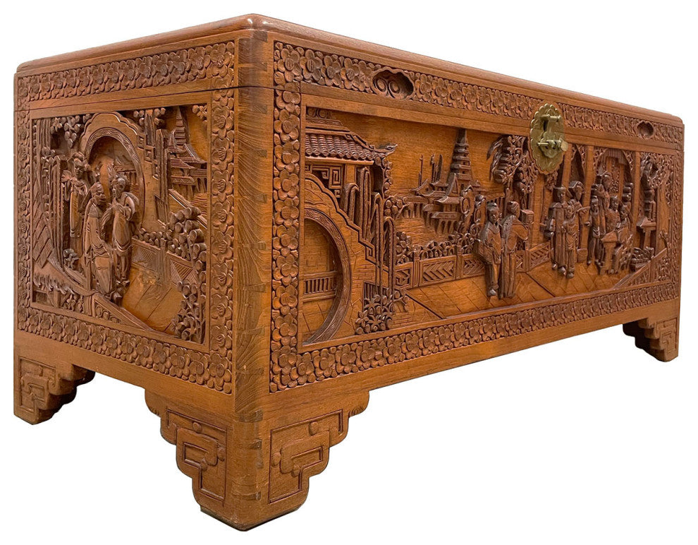 Consigned Early 20th Century Chinese Carved Camphor Wooden Trunk, Hope Chest