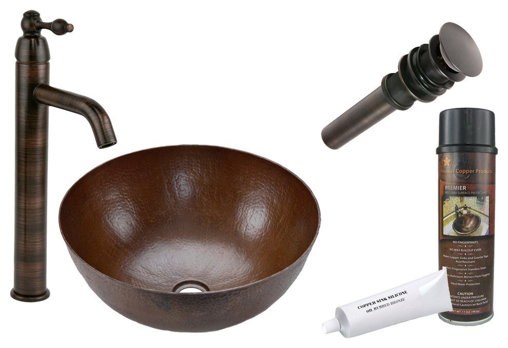 Premier Copper Products BSP1_VR13BDB 13" Round Vessel Copper Sink Package