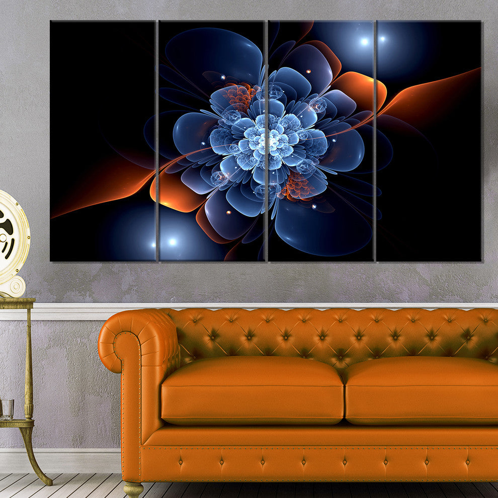 Fractal Flower with Orange Flame, Floral Canvas Art Print, 48"x28", 4 Panels