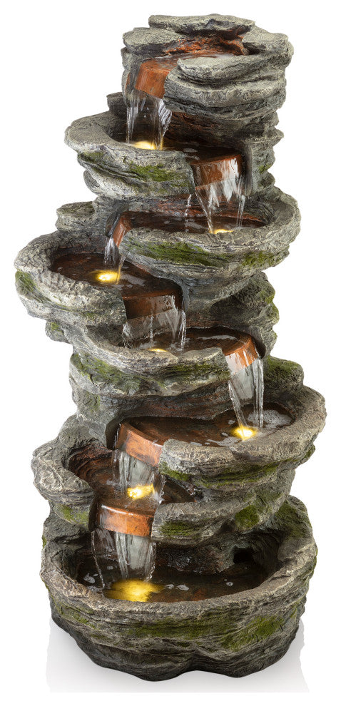 58" Tall Outdoor 8-Tier Rainforest Rock Water Fountain With LED Lights